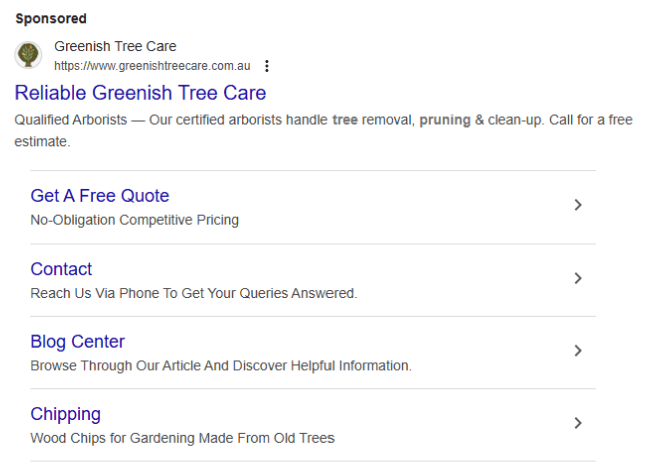 Greenish Tree Care Google Ads search result