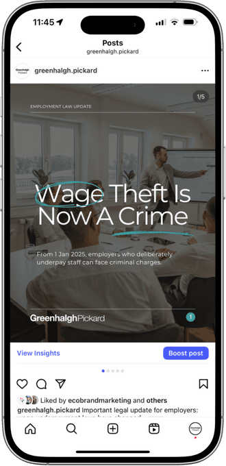 Greenhalgh Pickard wage theft Instagram post on a phone