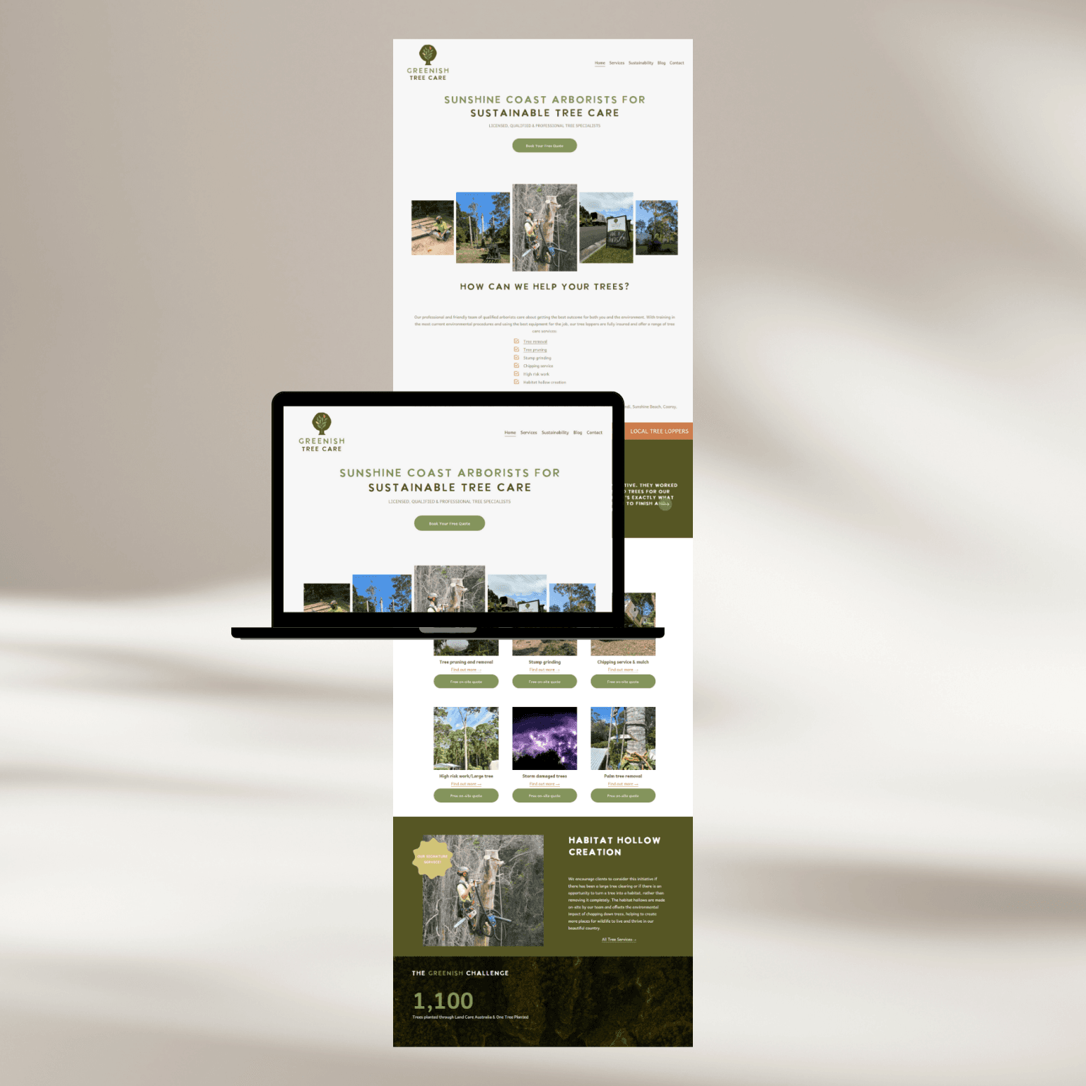 Greenish Tree Care website shown on a laptop