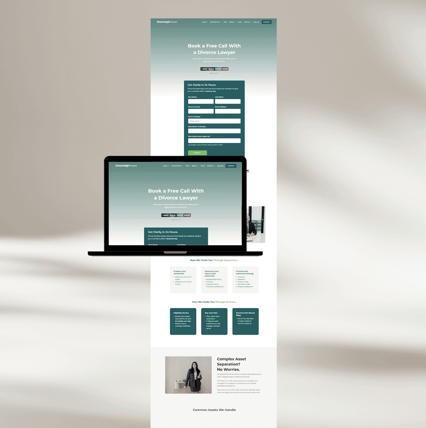Greenhalgh Pickard divorce lawyer booking page mockup